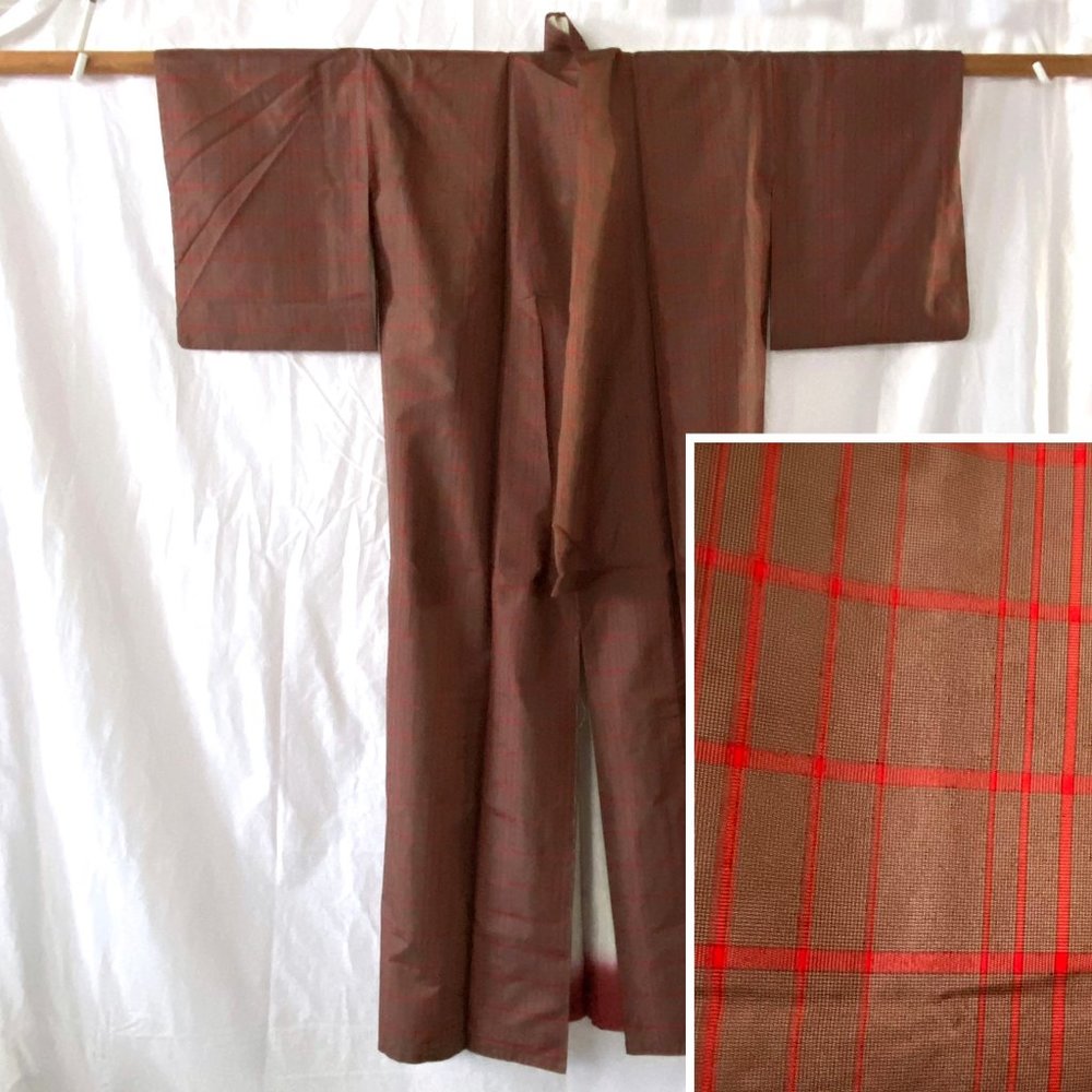 Vintage Japanese Kimono - Chocolate Brown w/ed Plaid Stripes